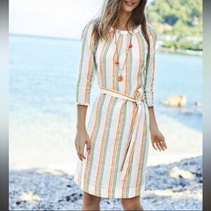 Boden Katie Colorful Striped 3/4 Sleeve Linen Belted Midi Dress Women’s Sz 12R